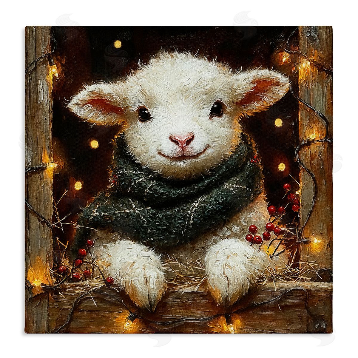 Festive Lamb with Holiday Lights Canvas Wall Art, Home Decor by Riley B