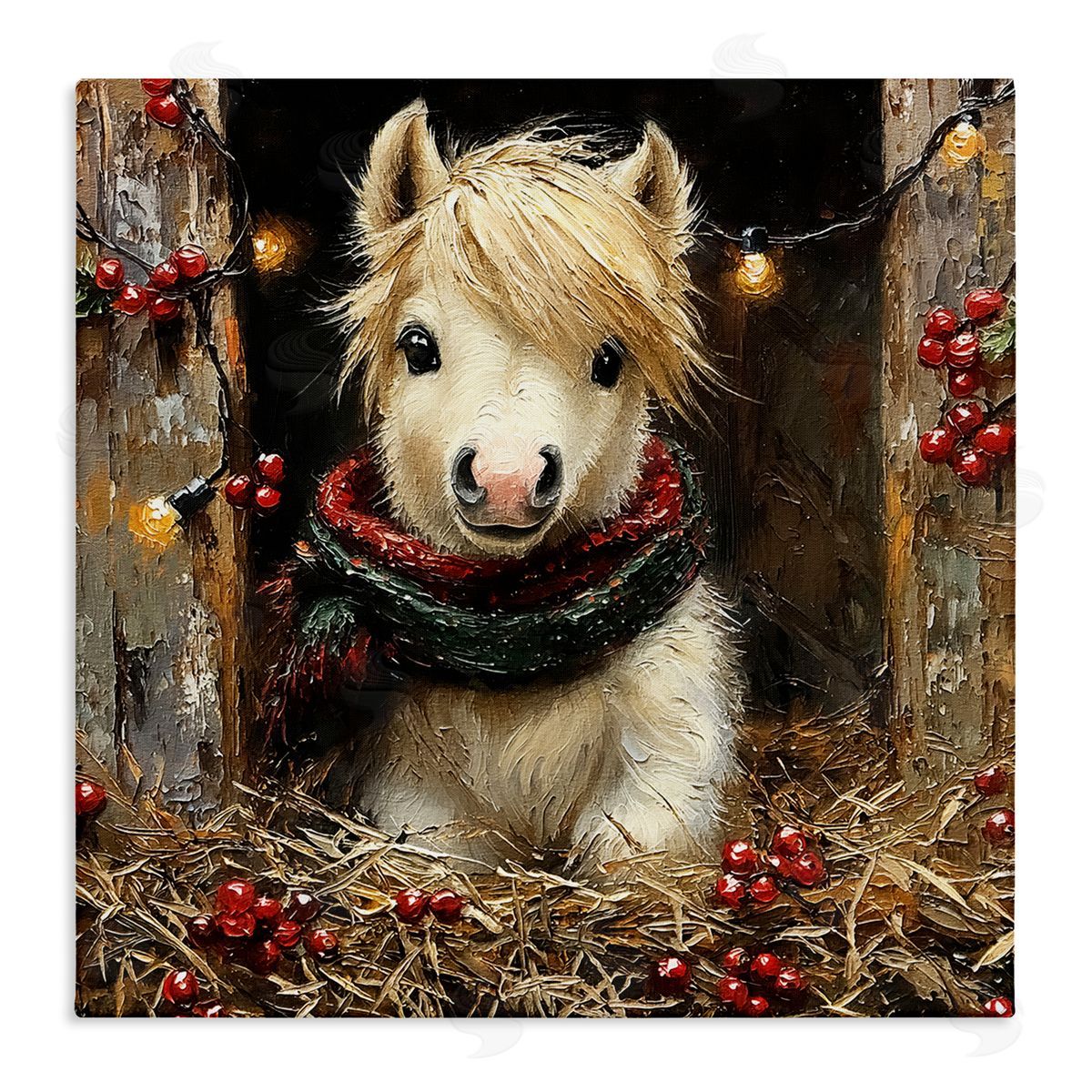 Horse Foal with Holly & Lights Canvas Wall Art, Home Decor by Riley B