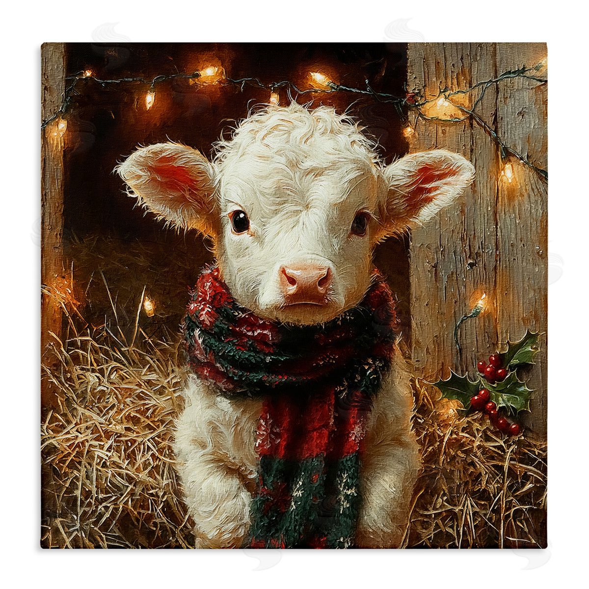 White Calf with Holiday Lights Canvas Wall Art, Home Decor by Riley B
