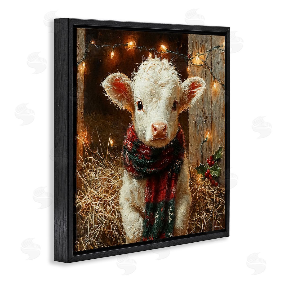 White Calf with Holiday Lights Black Floating Frame Canvas Wall Art, Home Decor by Riley B