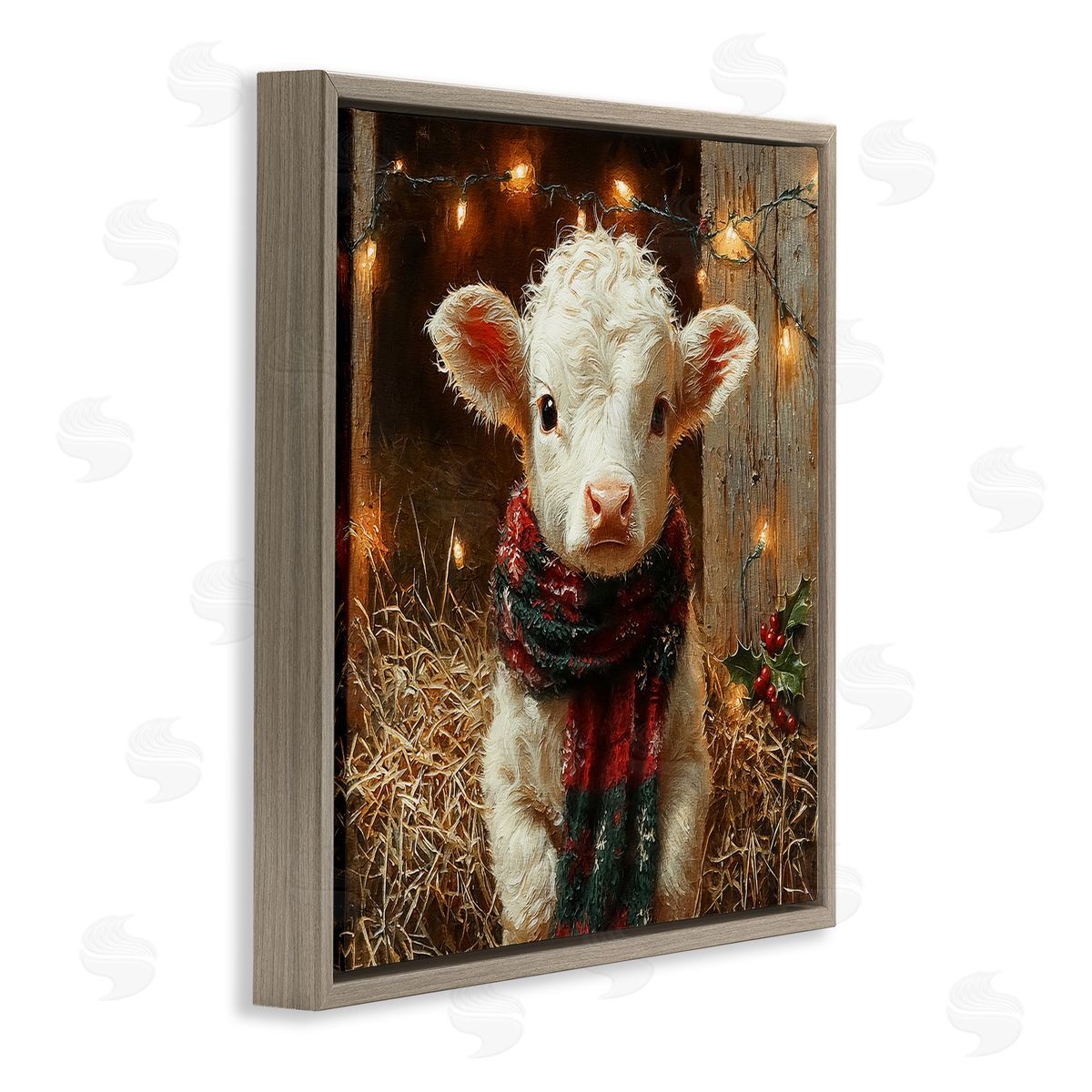 White Calf with Holiday Lights Brown Floating Frame Canvas Wall Art, Home Decor by Riley B
