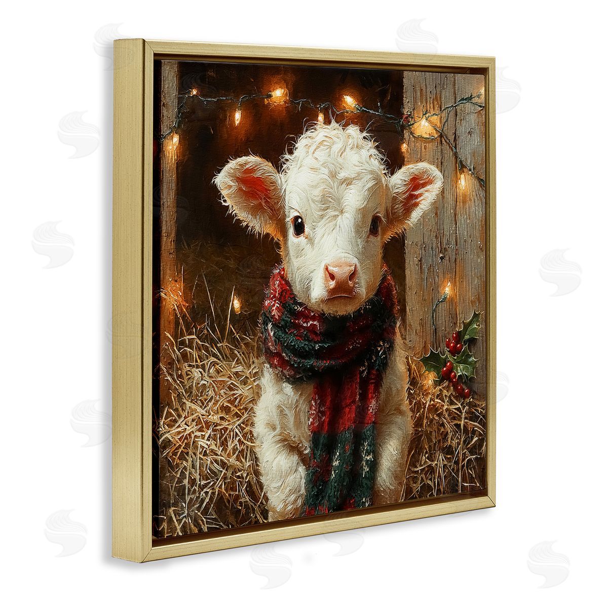 White Calf with Holiday Lights Gold Floating Frame Canvas Wall Art, Home Decor by Riley B