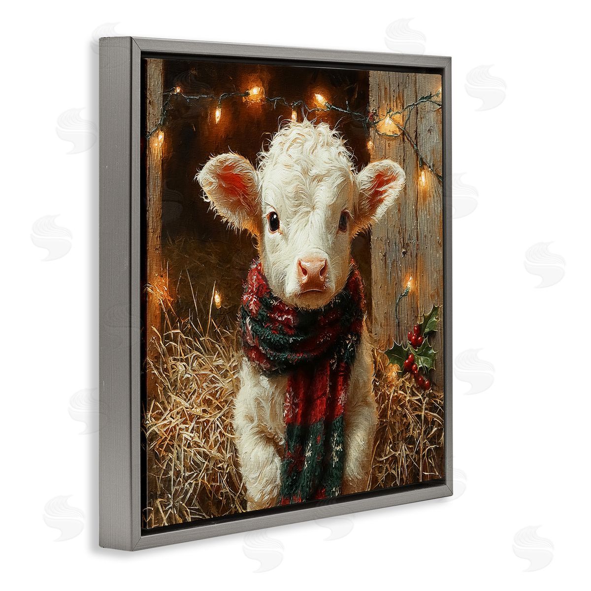 White Calf with Holiday Lights Grey Floating Frame Canvas Wall Art, Home Decor by Riley B