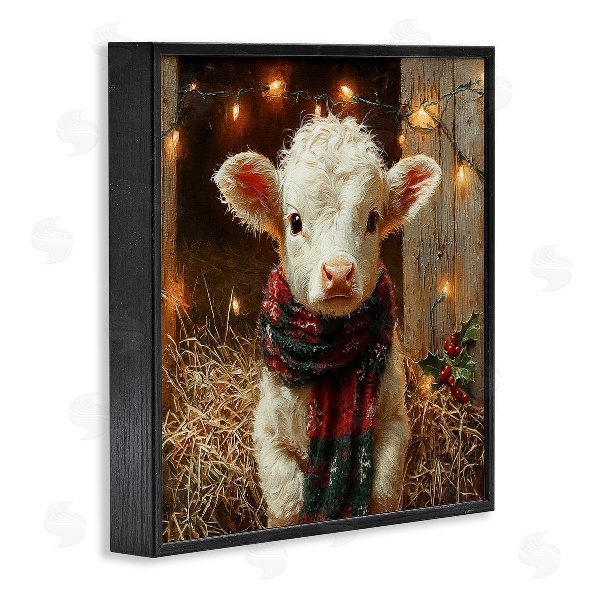 White Calf with Holiday Lights Black Frame Print Wall Art, Home Decor by Riley B