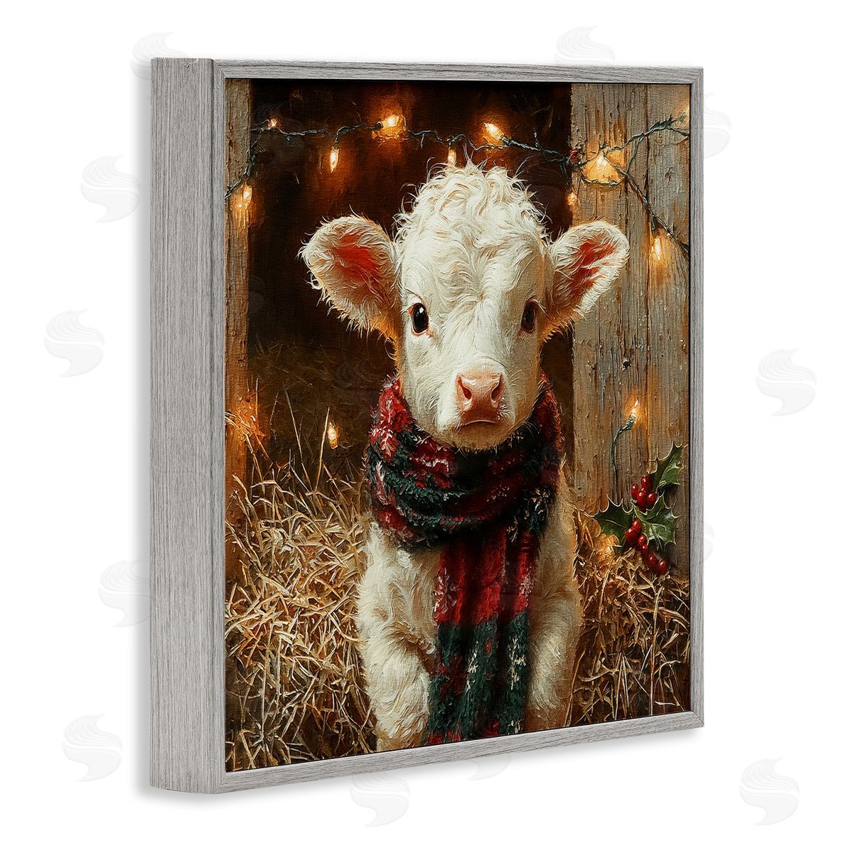 White Calf with Holiday Lights Grey Frame Print Wall Art, Home Decor by Riley B