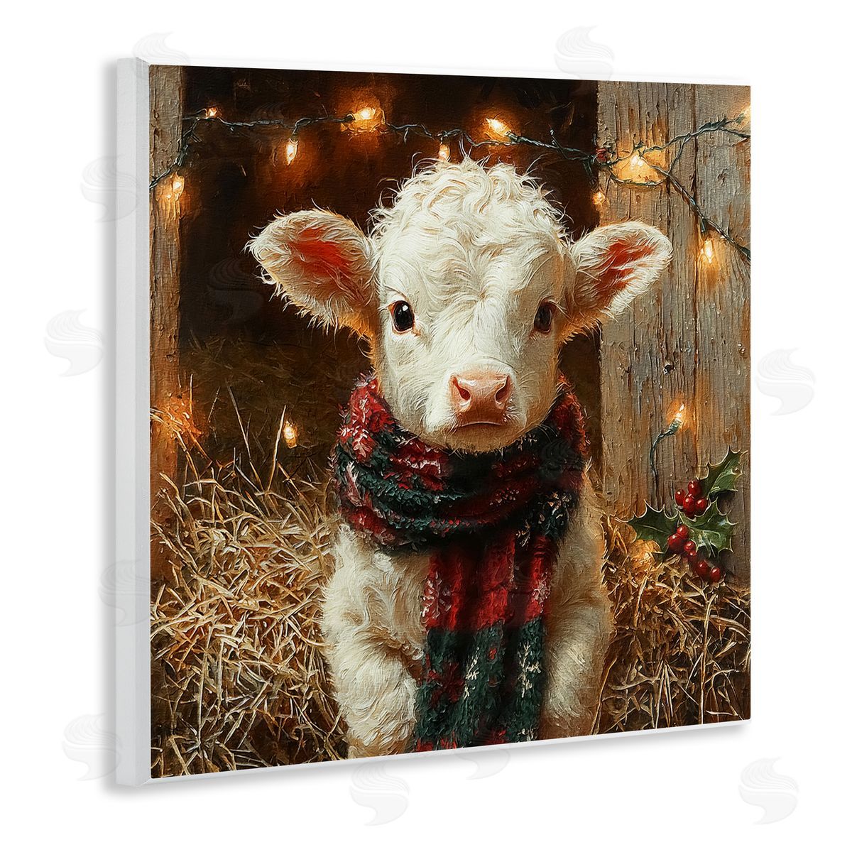 White Calf with Holiday Lights Wood Plaque Wall Art, Home Decor by Riley B