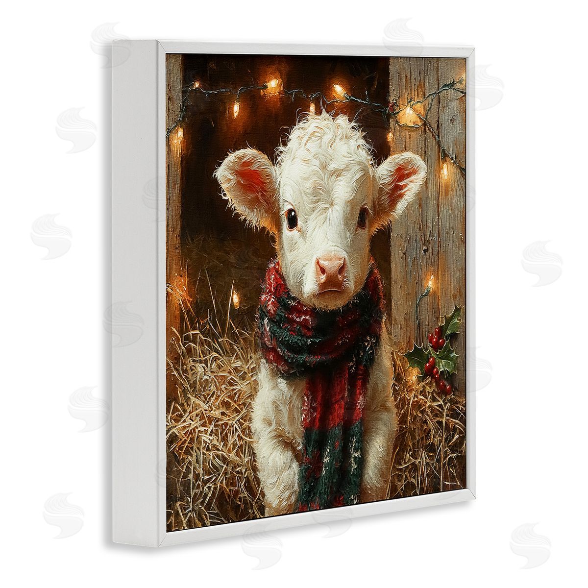 White Calf with Holiday Lights White Frame Print Wall Art, Home Decor by Riley B