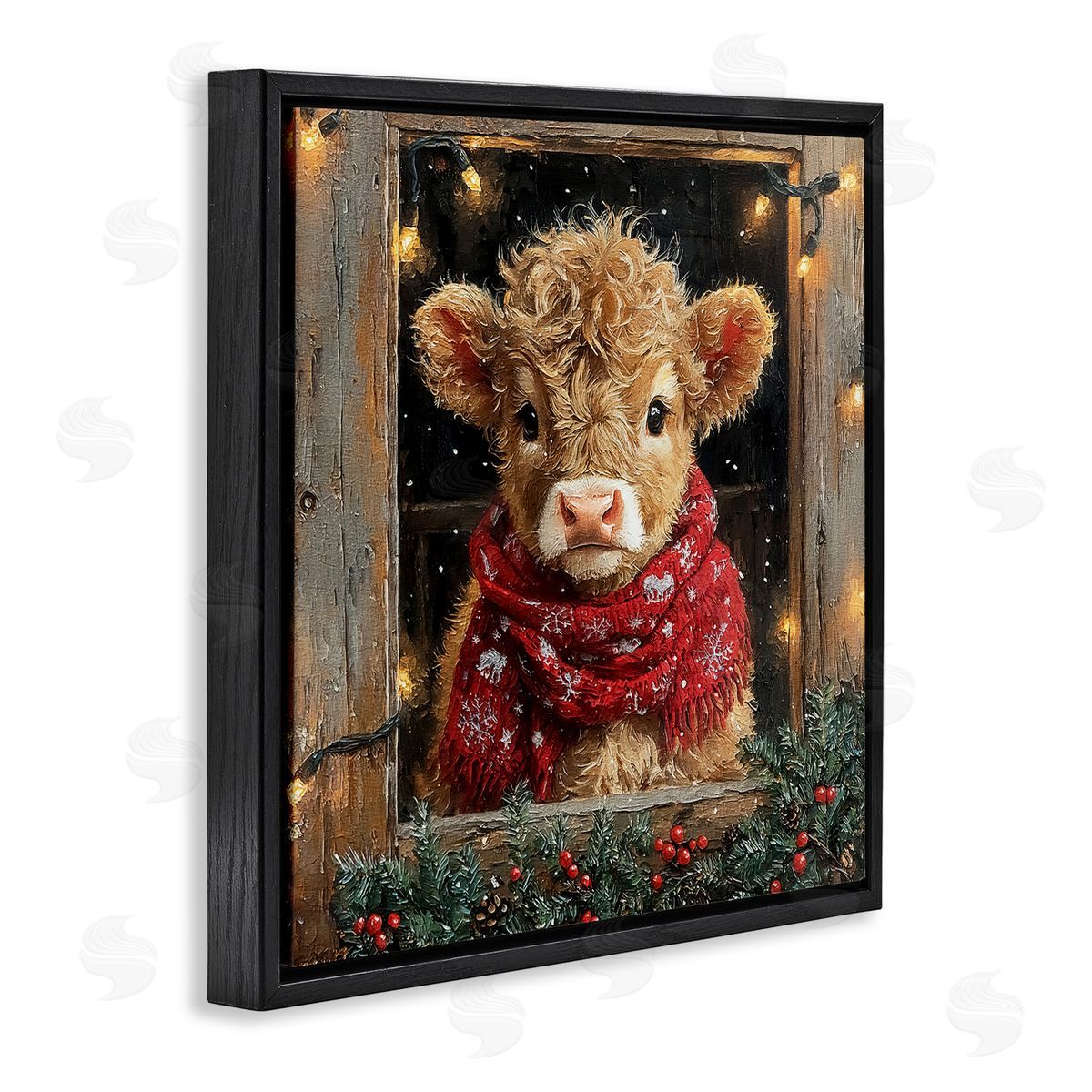 Calf with Holly & Lights Garland Black Floating Frame Canvas Wall Art, Home Decor by Riley B