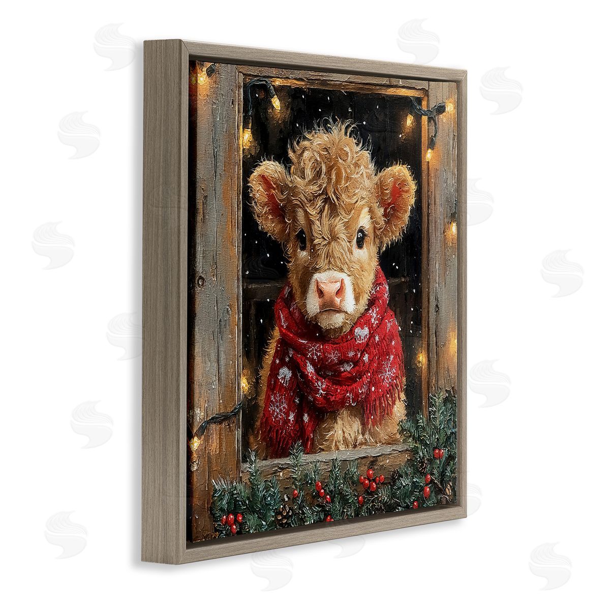 Calf with Holly & Lights Garland Brown Floating Frame Canvas Wall Art, Home Decor by Riley B