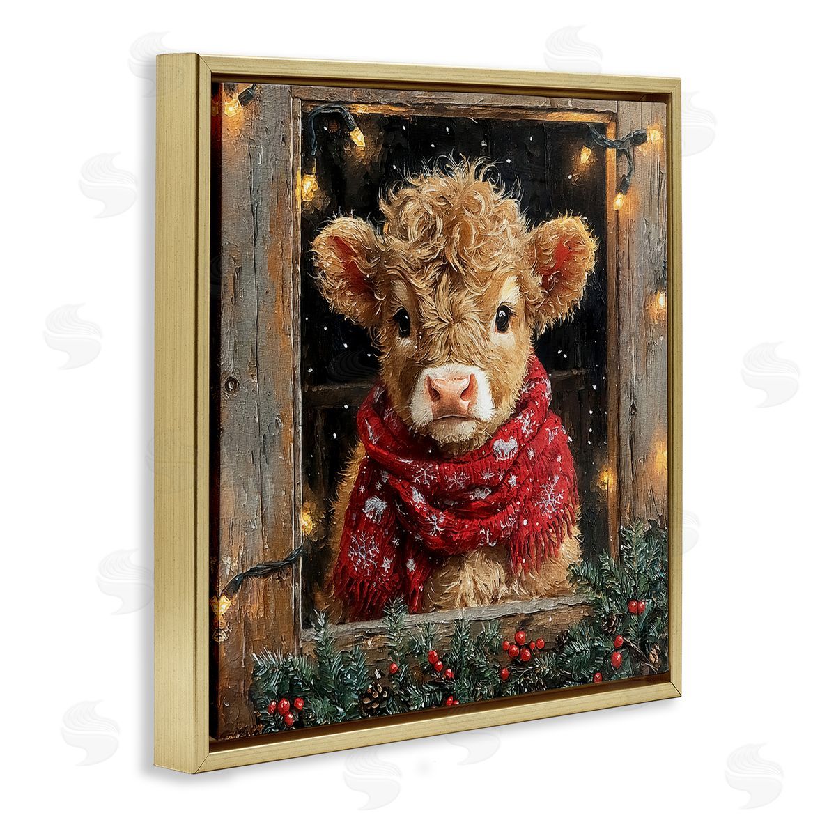 Calf with Holly & Lights Garland Gold Floating Frame Canvas Wall Art, Home Decor by Riley B
