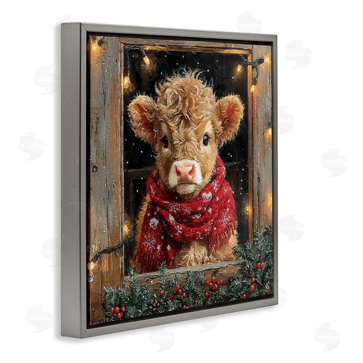 Calf with Holly & Lights Garland Grey Floating Frame Canvas Wall Art, Home Decor by Riley B