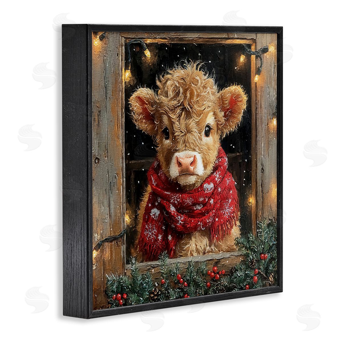Calf with Holly & Lights Garland Black Frame Print Wall Art, Home Decor by Riley B