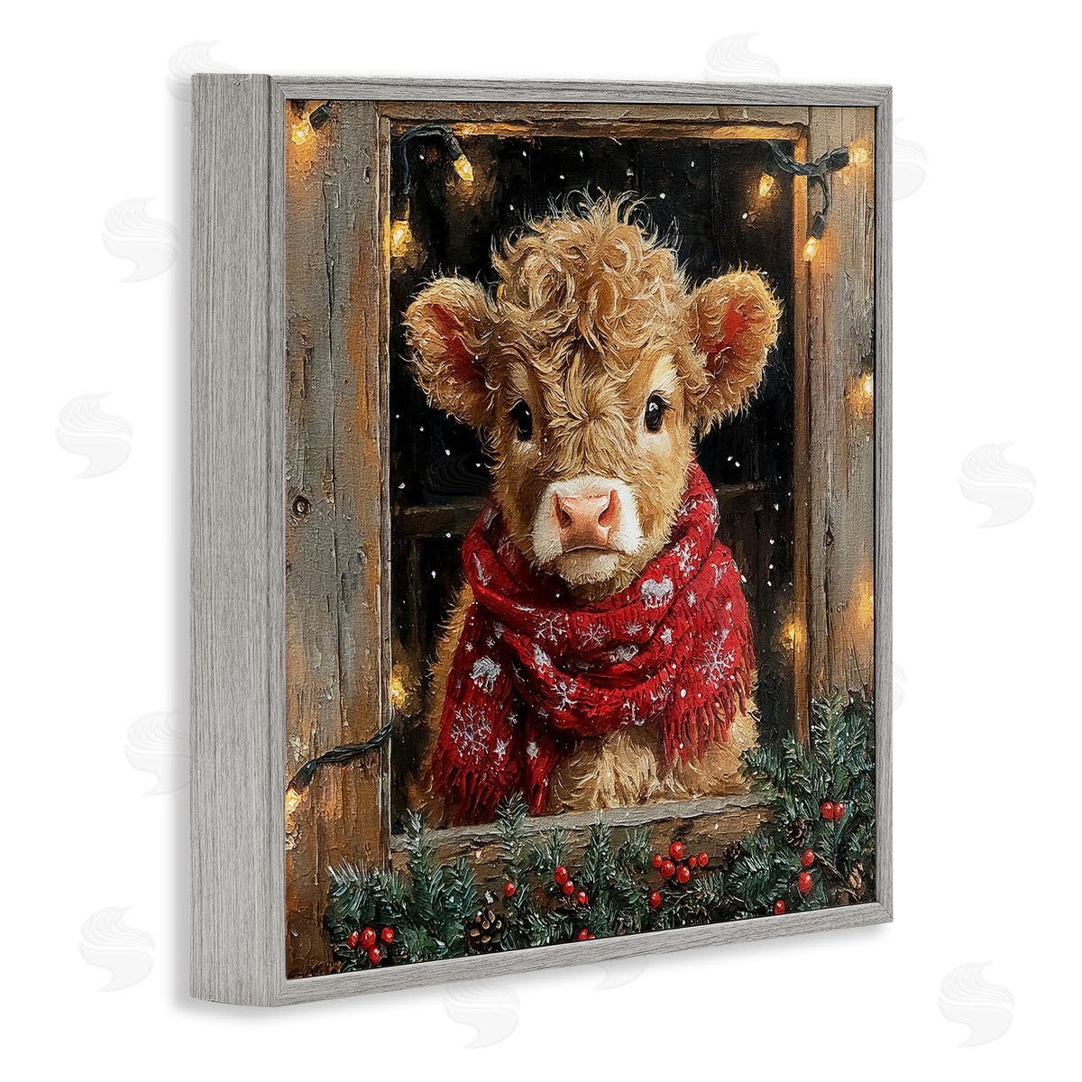 Calf with Holly & Lights Garland Grey Frame Print Wall Art, Home Decor by Riley B