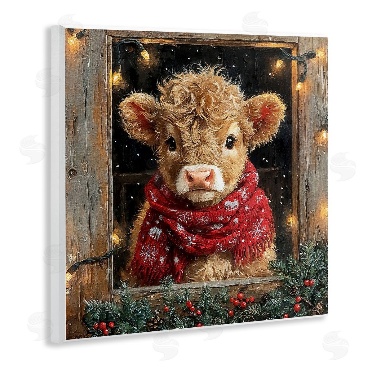 Calf with Holly & Lights Garland Wood Plaque Wall Art, Home Decor by Riley B