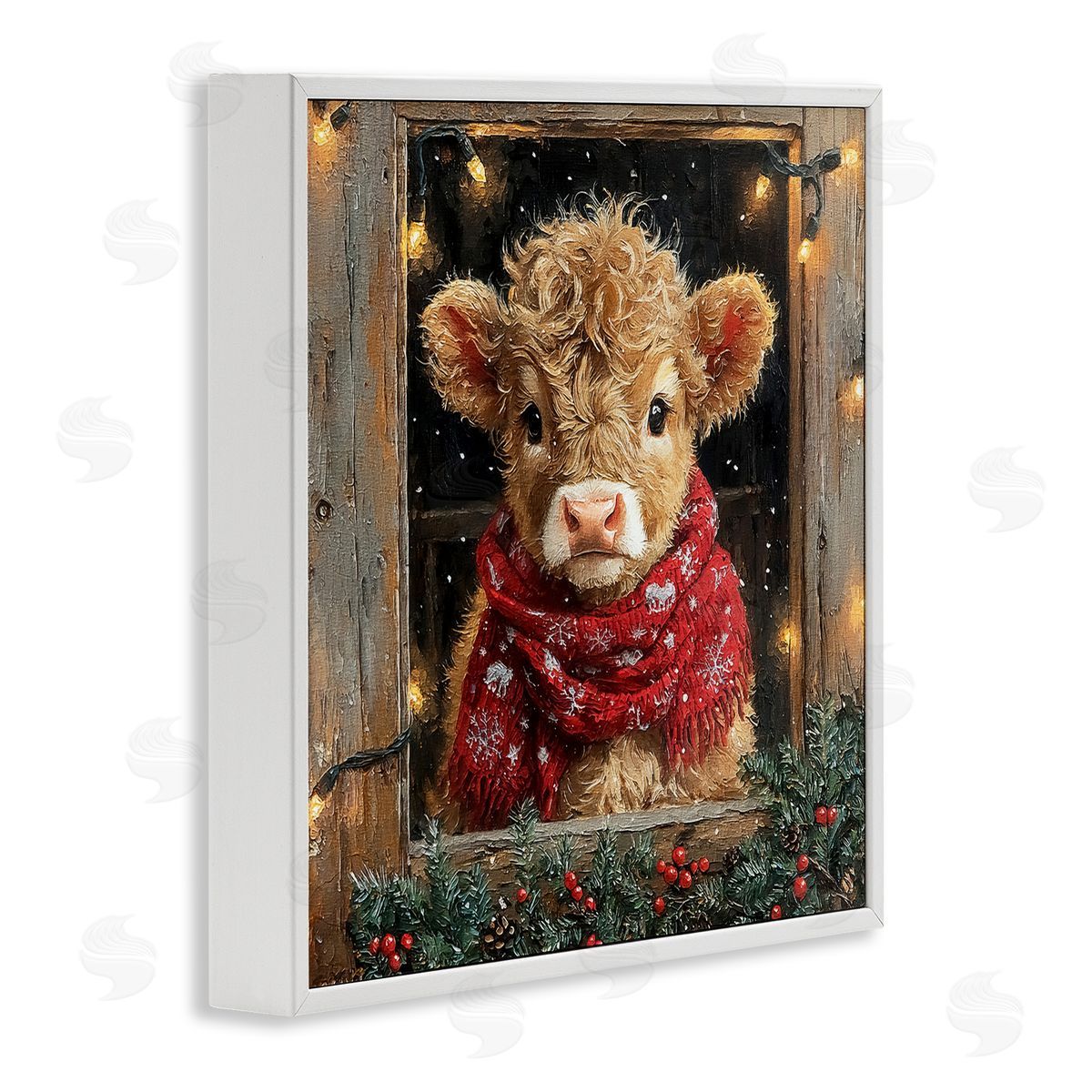 Calf with Holly & Lights Garland White Frame Print Wall Art, Home Decor by Riley B