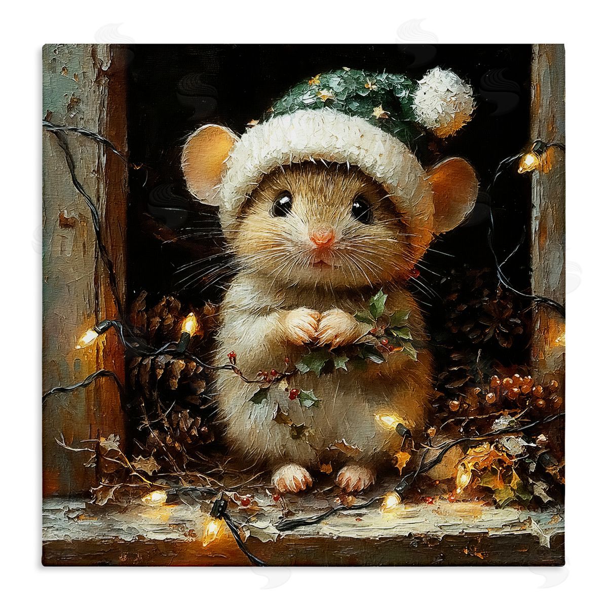 Barn Mouse with Christmas Lights Canvas Wall Art, Home Decor by Riley B