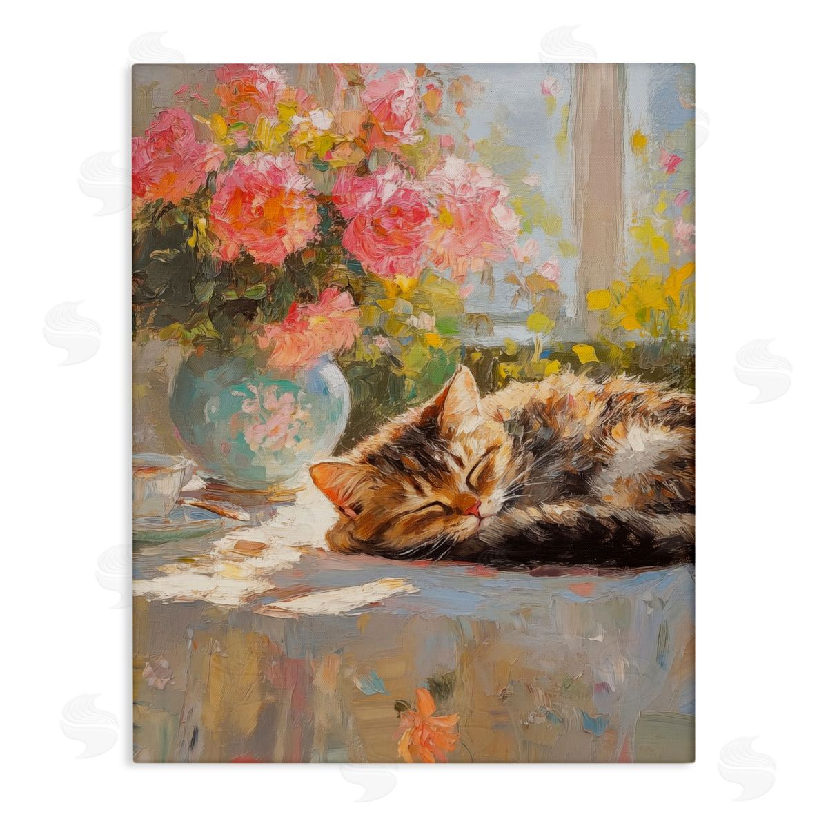 Sleeping Kitten & Flower Vase Canvas Wall Art, Home Decor by Nini Art