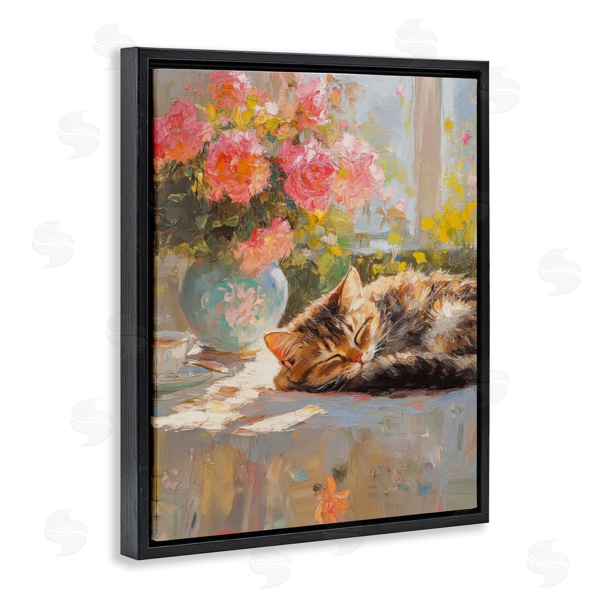 Sleeping Kitten & Flower Vase Black Floating Frame Canvas Wall Art, Home Decor by Nini Art