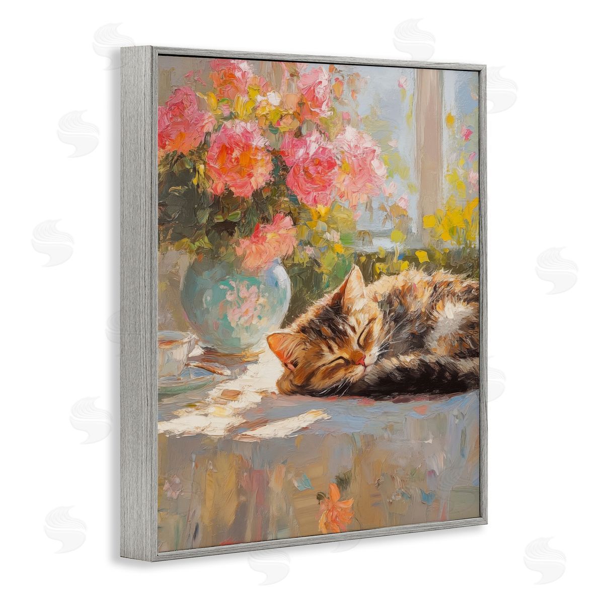 Sleeping Kitten & Flower Vase Grey Frame Print Wall Art, Home Decor by Nini Art