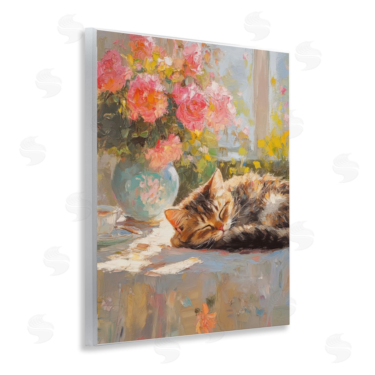 Sleeping Kitten & Flower Vase Wood Plaque Wall Art, Home Decor by Nini Art