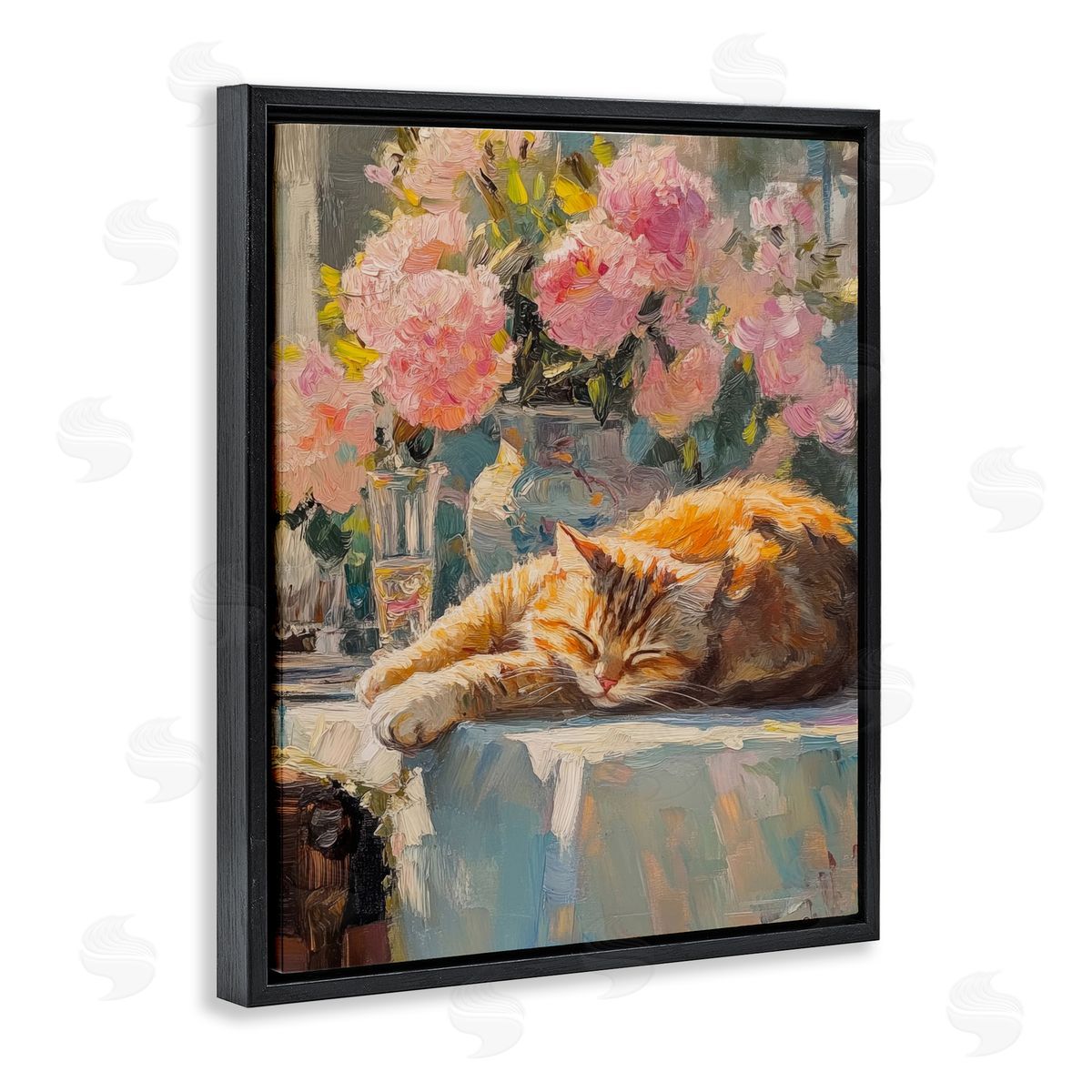 Orange Cat Resting Black Floating Frame Canvas Wall Art, Home Decor by Nini Art