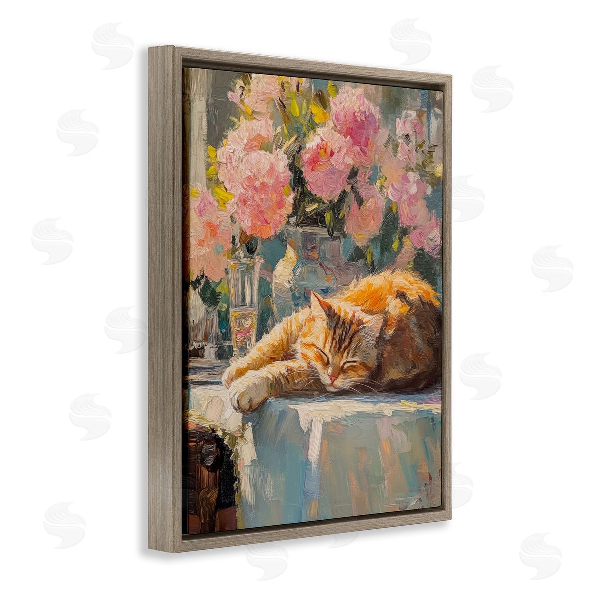 Orange Cat Resting Brown Floating Frame Canvas Wall Art, Home Decor by Nini Art