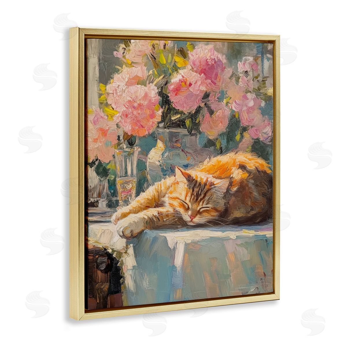 Orange Cat Resting Gold Floating Frame Canvas Wall Art, Home Decor by Nini Art