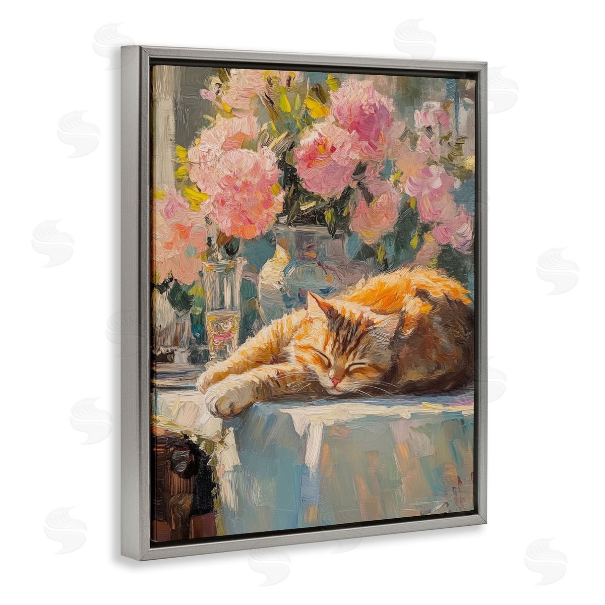 Orange Cat Resting Grey Floating Frame Canvas Wall Art, Home Decor by Nini Art