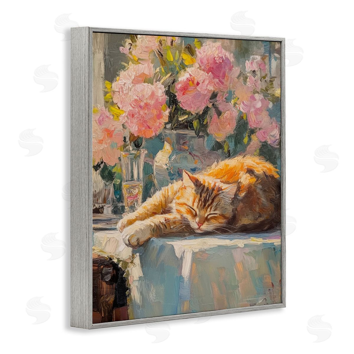 Orange Cat Resting Grey Frame Print Wall Art, Home Decor by Nini Art