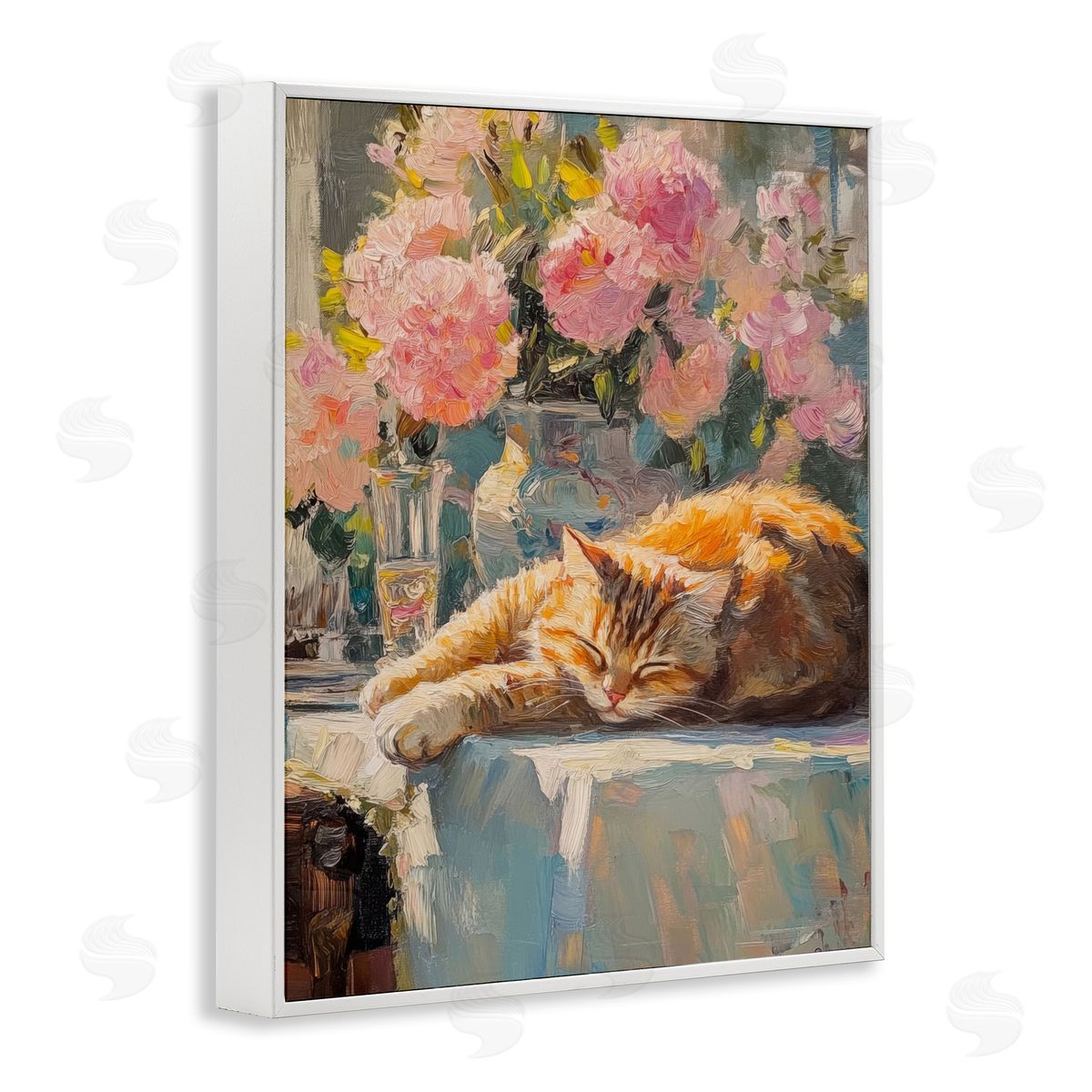 Orange Cat Resting White Frame Print Wall Art, Home Decor by Nini Art