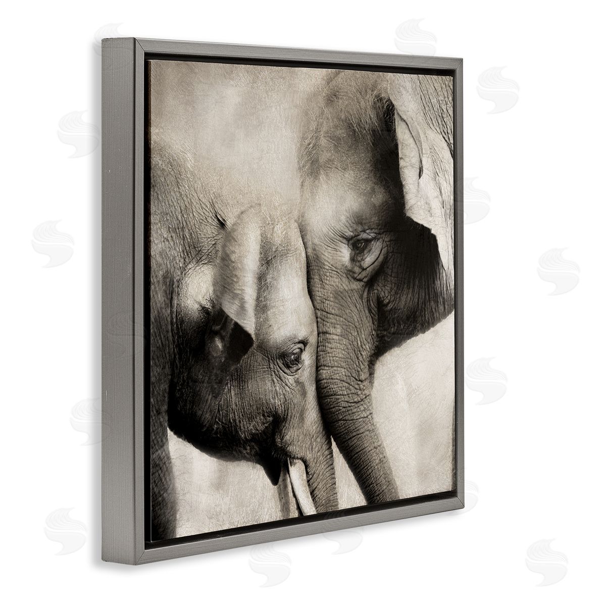 Elephant & Baby Hug Grey Floating Frame Canvas Wall Art, Home Decor by CAD Designs