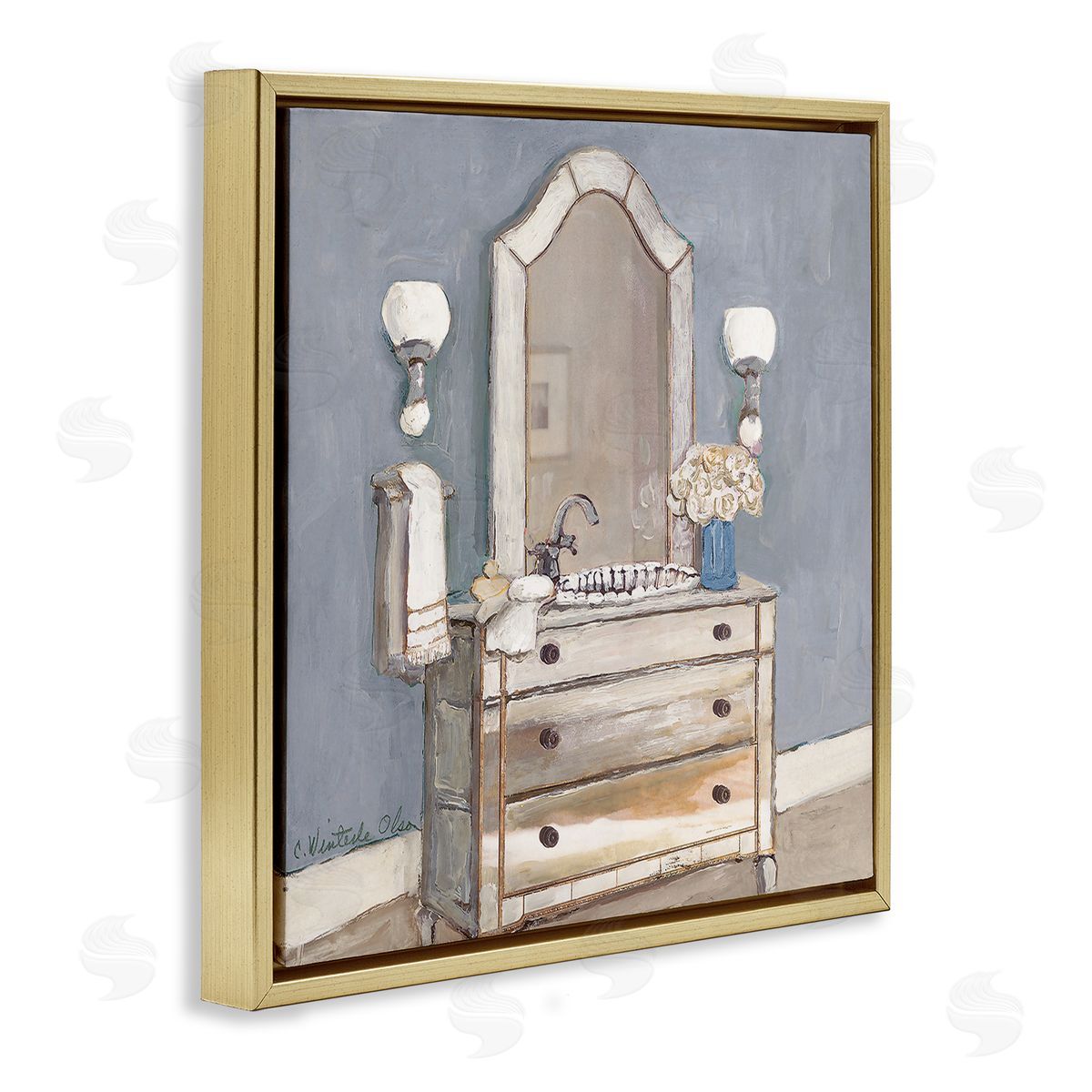 Bathroom Sink & Mirror Gold Floating Frame Canvas Wall Art, Home Decor by Charlene Olson