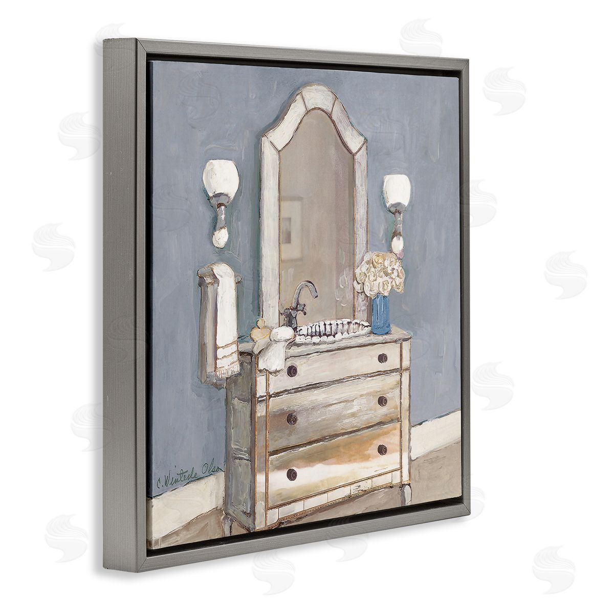 Bathroom Sink & Mirror Grey Floating Frame Canvas Wall Art, Home Decor by Charlene Olson