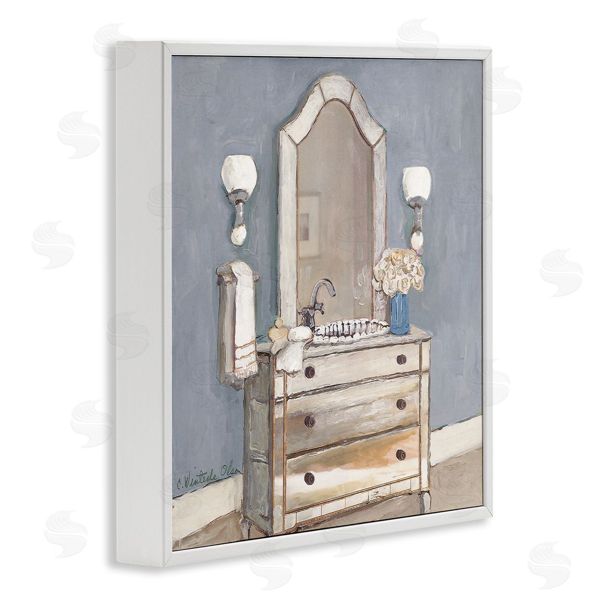 Bathroom Sink & Mirror White Frame Print Wall Art, Home Decor by Charlene Olson