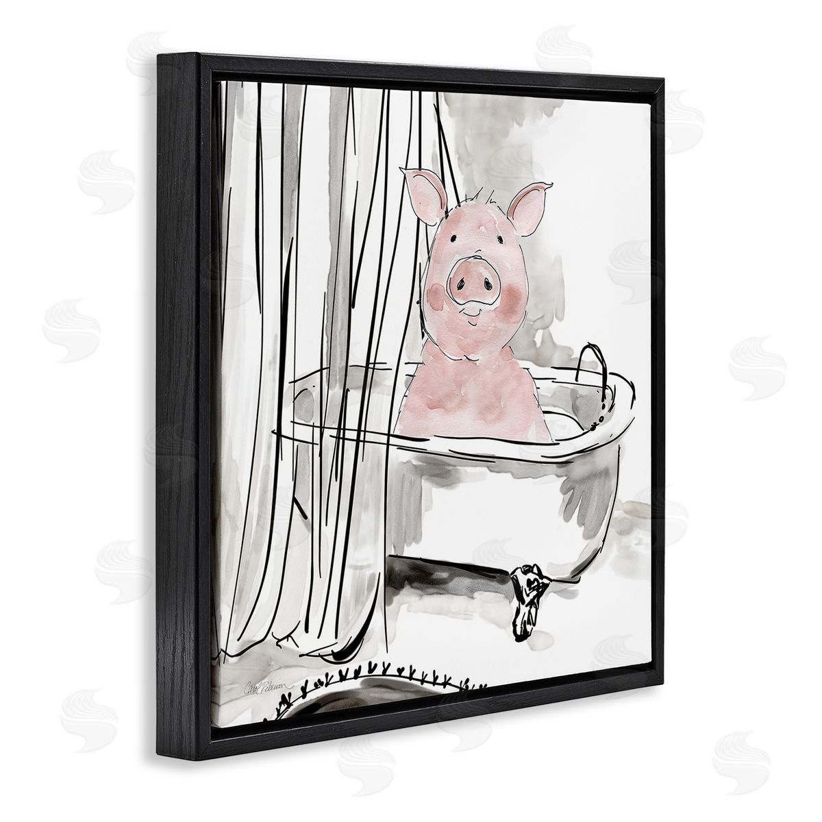 Minimal Bathtub Piggy Black Floating Frame Canvas Wall Art, Home Decor by Carol Robinson