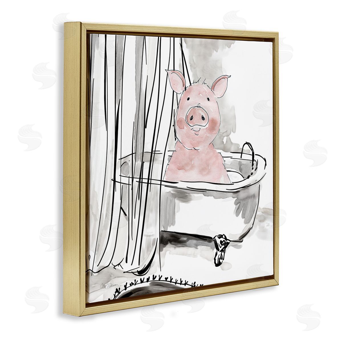 Minimal Bathtub Piggy Gold Floating Frame Canvas Wall Art, Home Decor by Carol Robinson