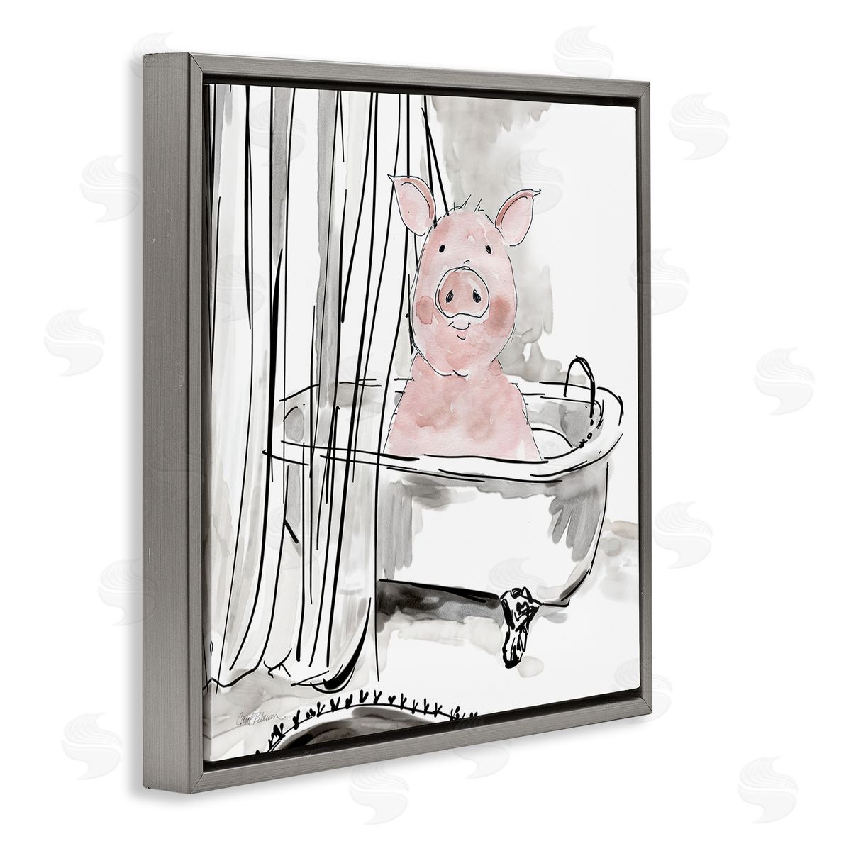 Minimal Bathtub Piggy Grey Floating Frame Canvas Wall Art, Home Decor by Carol Robinson