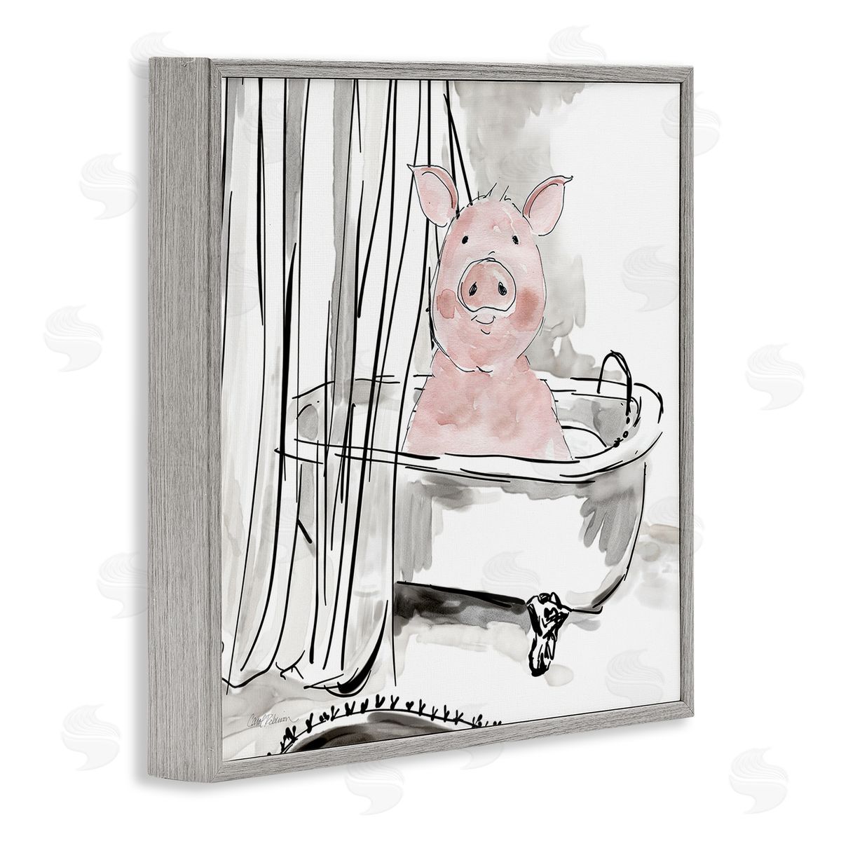 Minimal Bathtub Piggy Grey Frame Print Wall Art, Home Decor by Carol Robinson