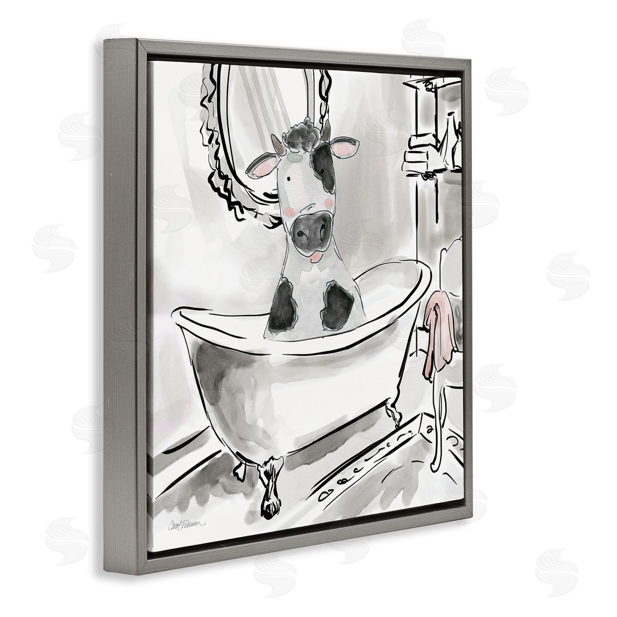 Minimal Bathtub Cow Grey Floating Frame Canvas Wall Art, Home Decor by Carol Robinson