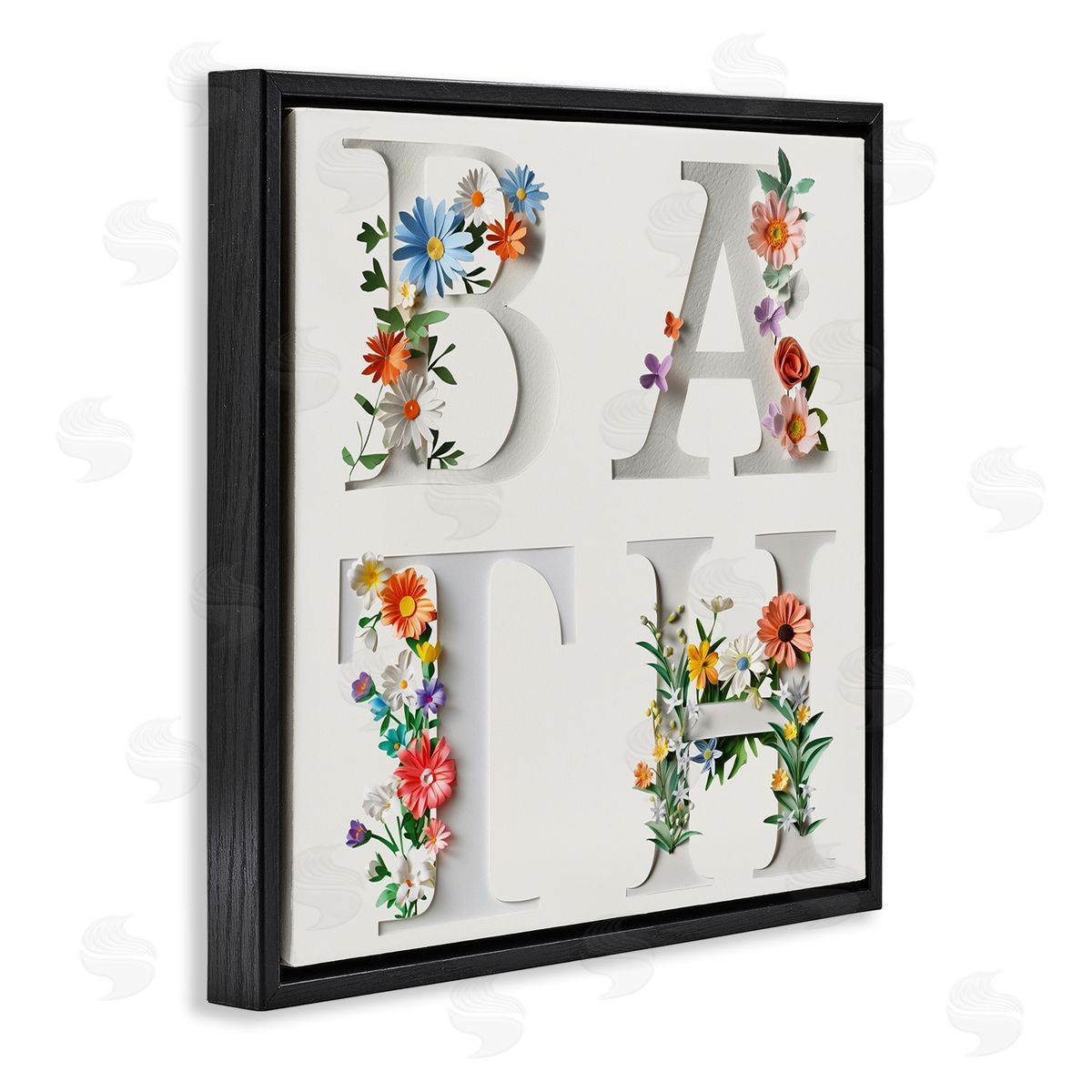 Floral Bath Typography Black Floating Frame Canvas Wall Art, Home Decor by Susan Arnot