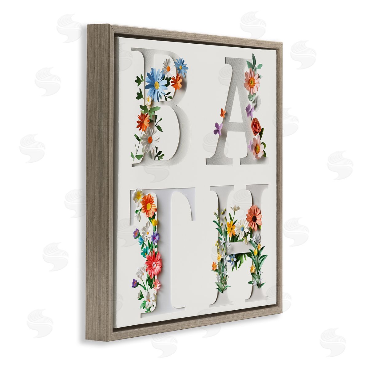 Floral Bath Typography Brown Floating Frame Canvas Wall Art, Home Decor by Susan Arnot