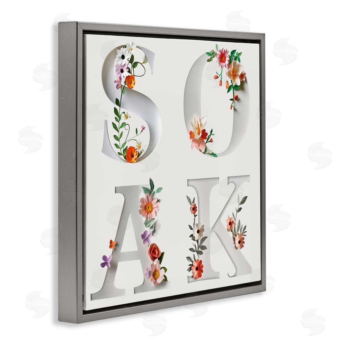 Floral Bathroom Soak Letters Grey Floating Frame Canvas Wall Art, Home Decor by Susan Arnot