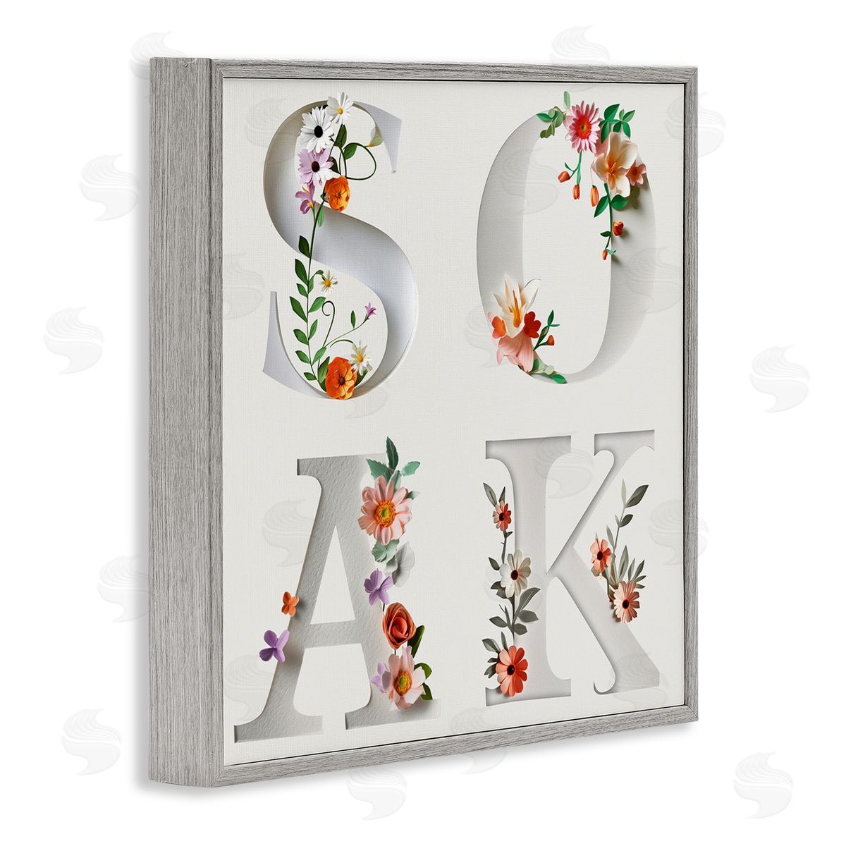 Floral Bathroom Soak Letters Grey Frame Print Wall Art, Home Decor by Susan Arnot