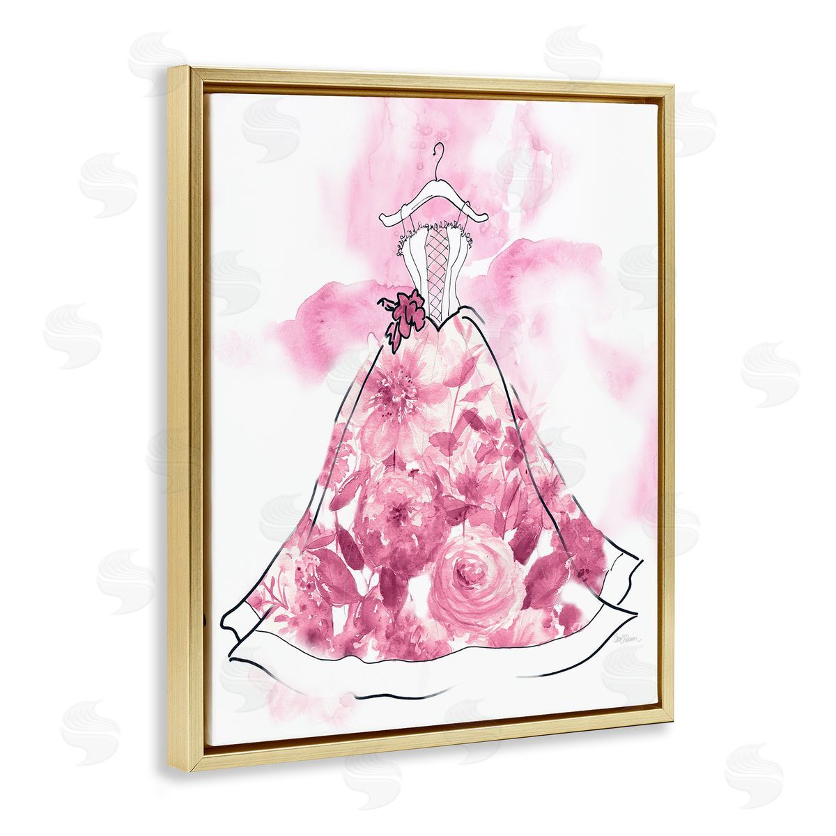 Modern Watercolor Flower Dress Gold Floating Frame Canvas Wall Art, Home Decor by Carol Robinson