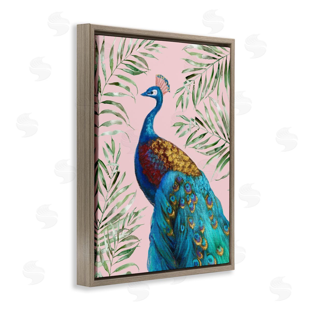 Elegant Peacock & Palm Sprigs Brown Floating Frame Canvas Wall Art, Home Decor by Nan