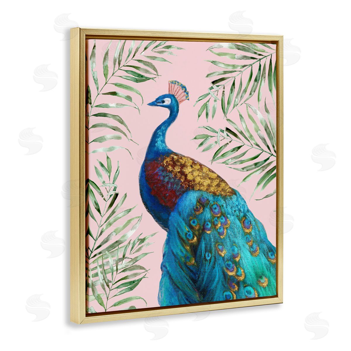 Elegant Peacock & Palm Sprigs Gold Floating Frame Canvas Wall Art, Home Decor by Nan