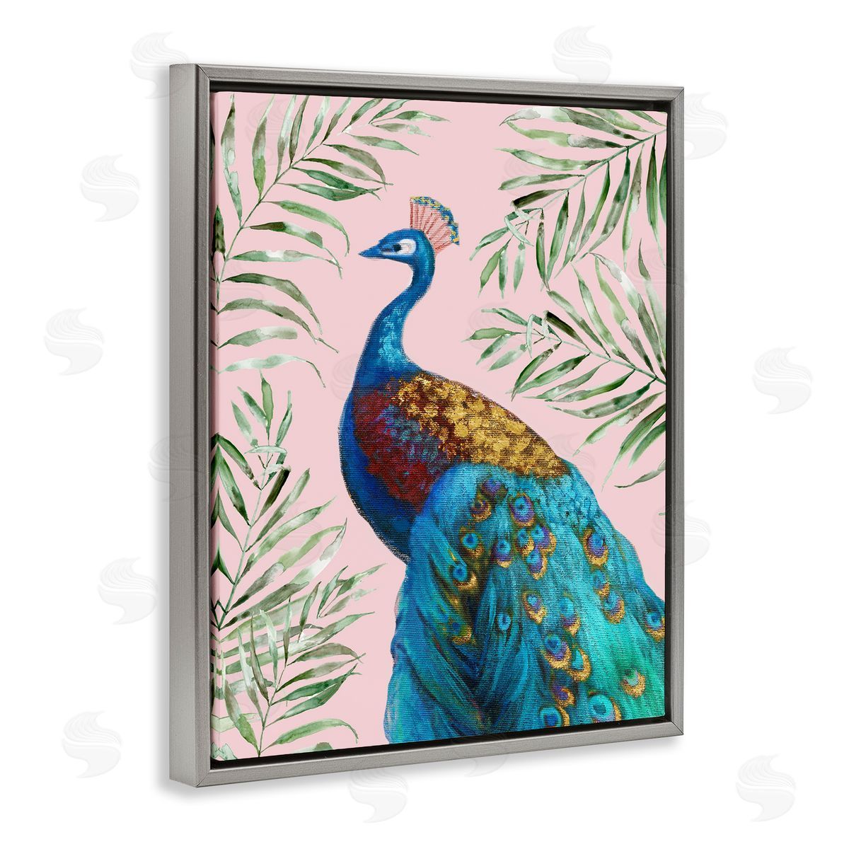 Elegant Peacock & Palm Sprigs Grey Floating Frame Canvas Wall Art, Home Decor by Nan