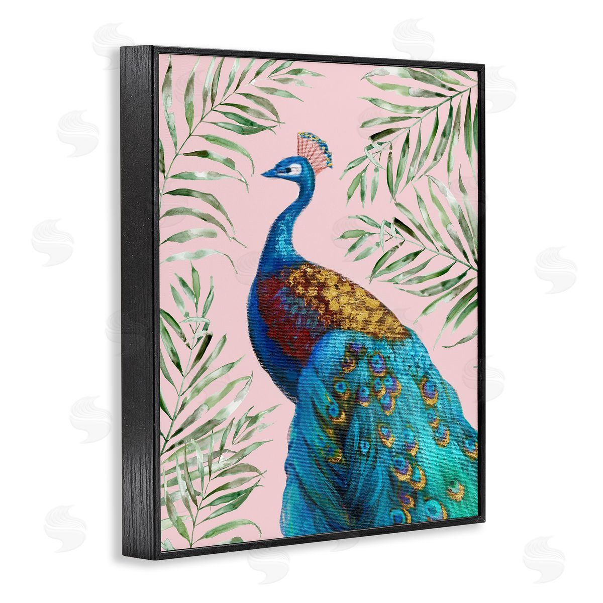 Elegant Peacock & Palm Sprigs Black Frame Print Wall Art, Home Decor by Nan