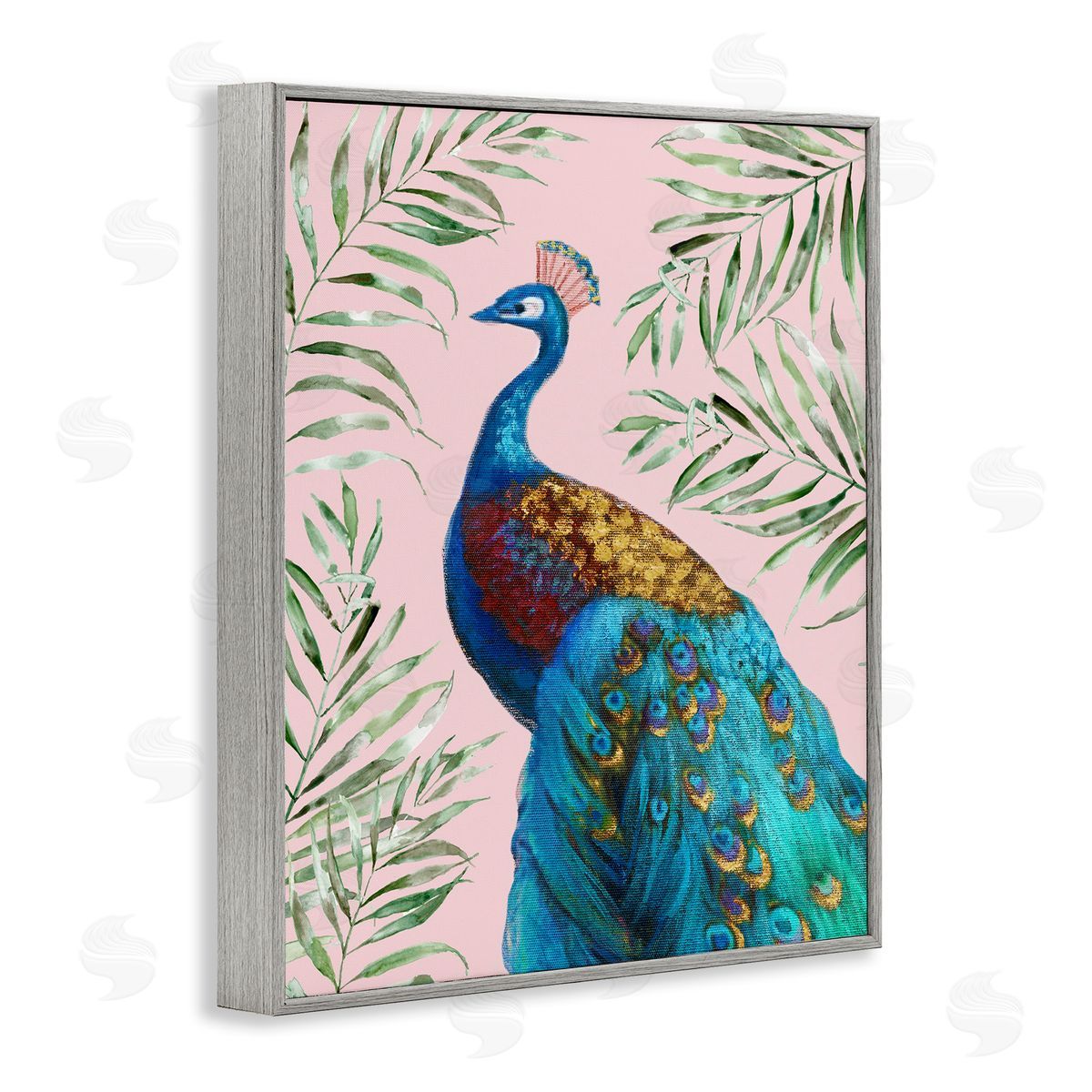 Elegant Peacock & Palm Sprigs Grey Frame Print Wall Art, Home Decor by Nan