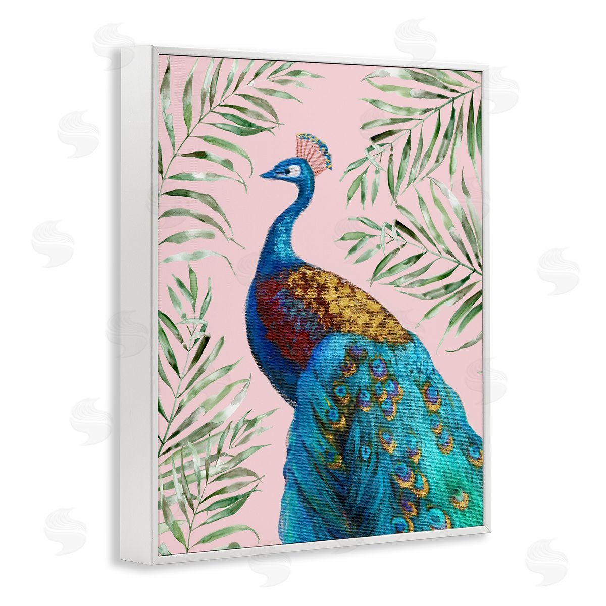 Elegant Peacock & Palm Sprigs White Frame Print Wall Art, Home Decor by Nan